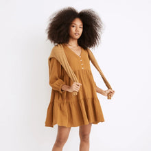 Load image into Gallery viewer, Madewell Lightspun Colette V-Neck Tiered Balloon Sleeve Dress Antique Gold 6
