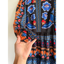 Load image into Gallery viewer, Avara Desi Floral Paisley Print Crew Neck Long Sleeve Maxi Dress Blue S
