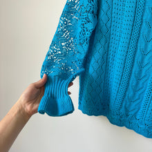 Load image into Gallery viewer, Filly Flair Lace Bell Sleeve Crew Neck Pullover Sweater Blue S
