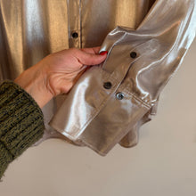 Load image into Gallery viewer, FRAME The Standard Shirt Metallic Long Sleeve Button Up Shirt Silver Lame L NWT
