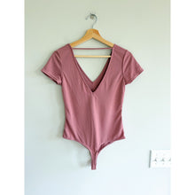 Load image into Gallery viewer, Anthropologie Little Black Bodysuit V-Neck Short Sleeve Bodysuit Rose M NWT

