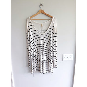 Free People Sunset Park Oversized Thermal Waffle Knit Top  White Black M