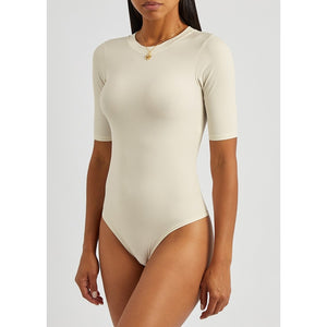 Spanx Suit Yourself Ribbed Stretch Jersey Half Sleeve Bodysuit Cream L