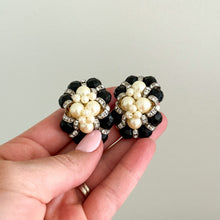 Load image into Gallery viewer, Vintage Faux Pearl Cluster Black Beaded Rhinestone Clip-On Earrings
