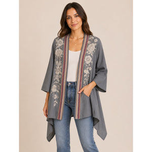 Johnny Was Floral Embroidered 3/4 Sleeve Kimono Gray M