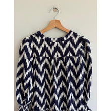 Load image into Gallery viewer, Pomander Place Kenzo Ikat Pattern V-Neck Ruffles Sleeve Mini Dress Blue XS
