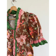 Load image into Gallery viewer, Entro Floral Ruffle Neck Puff Sleeve Blouse Brown Green Multi S
