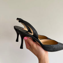 Load image into Gallery viewer, Manolo Blahnik Carolyne Glitter Pointed Toe Slingback Heels Black 8.5
