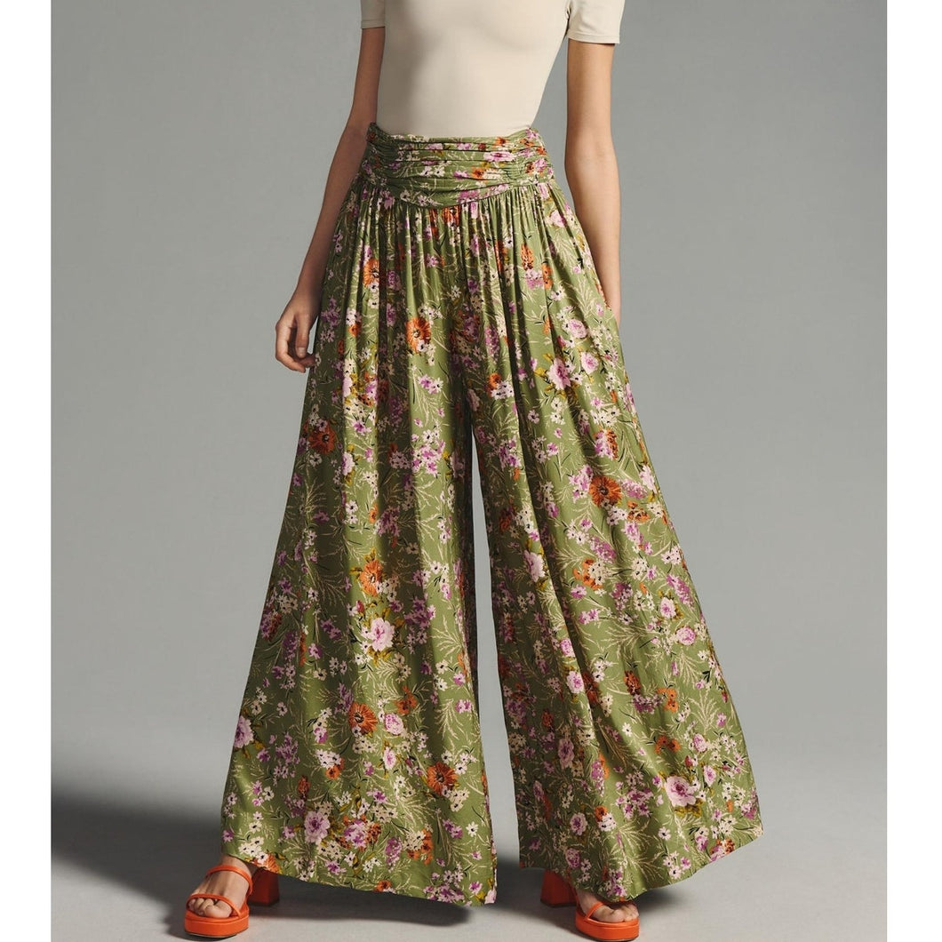 Anthropologie Floral Print High Rise Wide-Leg Pants Green 14