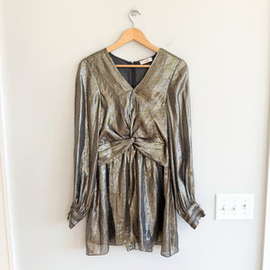 Ramy Brook Elise Metallic Twist Front Long Sleeve V-Neck Mini Dress Gold S