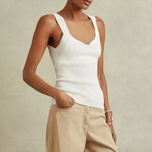 Reiss Dani Sweetheart Pullover Wide Strap Stretch Ribbed Tank Top White M