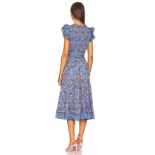 Load image into Gallery viewer, Cleobella Autumn Paisley Print Flutter Sleeve Smocked Midi Dress Blue L

