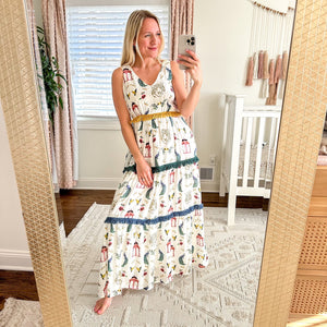Verandah Chhatri Print Tiered Sleeveless Plunge Neck Maxi Dress White XS