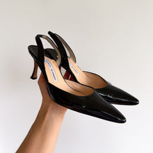 Load image into Gallery viewer, Manolo Blahnik Patent Leather Pointed-Toe Slingback Pumps Black 39.5

