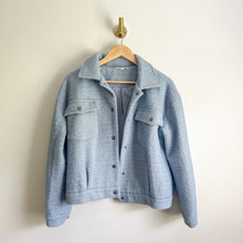 Load image into Gallery viewer, Mystree Fuzzy Soft Button Front Herringbone Shacket Blue S
