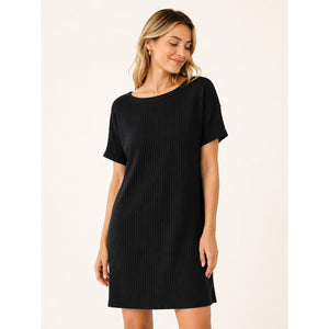 Eileen Fisher Ribbed Bateau Neck Short Sleeve Dress Black M
