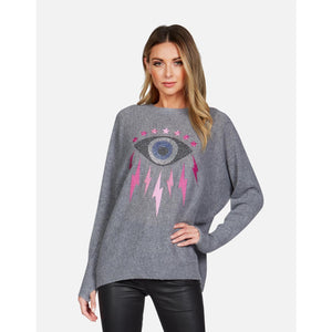 Lauren Moshi Cashmere Ladona Electric Evil Eye Draped Fit Pullover Sweater Gray XL