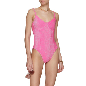 Good American Sparkle Show Off Underwire One Piece Swimsuit Skirt Set Pink 2 NWT