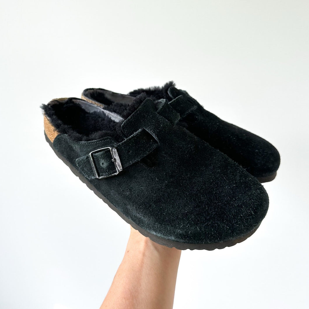 Birkenstock Boston Shearling Suede Leather Slip On Unisex Clogs Black 7