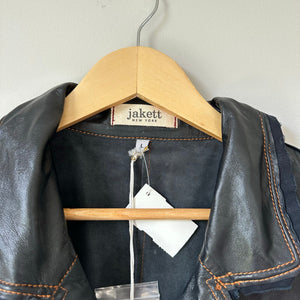 Jakett Meryl Vintage Leather Jacket Snap Front Fringe Seam Midnight L NWT