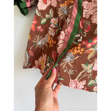 Load image into Gallery viewer, Entro Floral Ruffle Neck Puff Sleeve Blouse Brown Green Multi S
