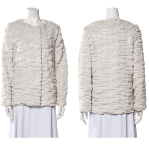 MILLY Sequin Fur Open-Front Long Sleeve Jacket Beige L NWT