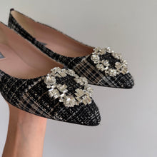 Load image into Gallery viewer, SJP Sarah Jessica Parker Tweed Jewel Buckle Flats Black White 39.5
