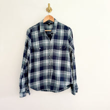 Load image into Gallery viewer, Paige Truddy Trellis Plaid Brushed Button Down Flannel Shirt Blue/Teal S
