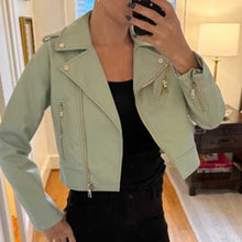 Load image into Gallery viewer, Zara Faux Leather Zip Up Cropped Biker Moto Jacket Mint Green S
