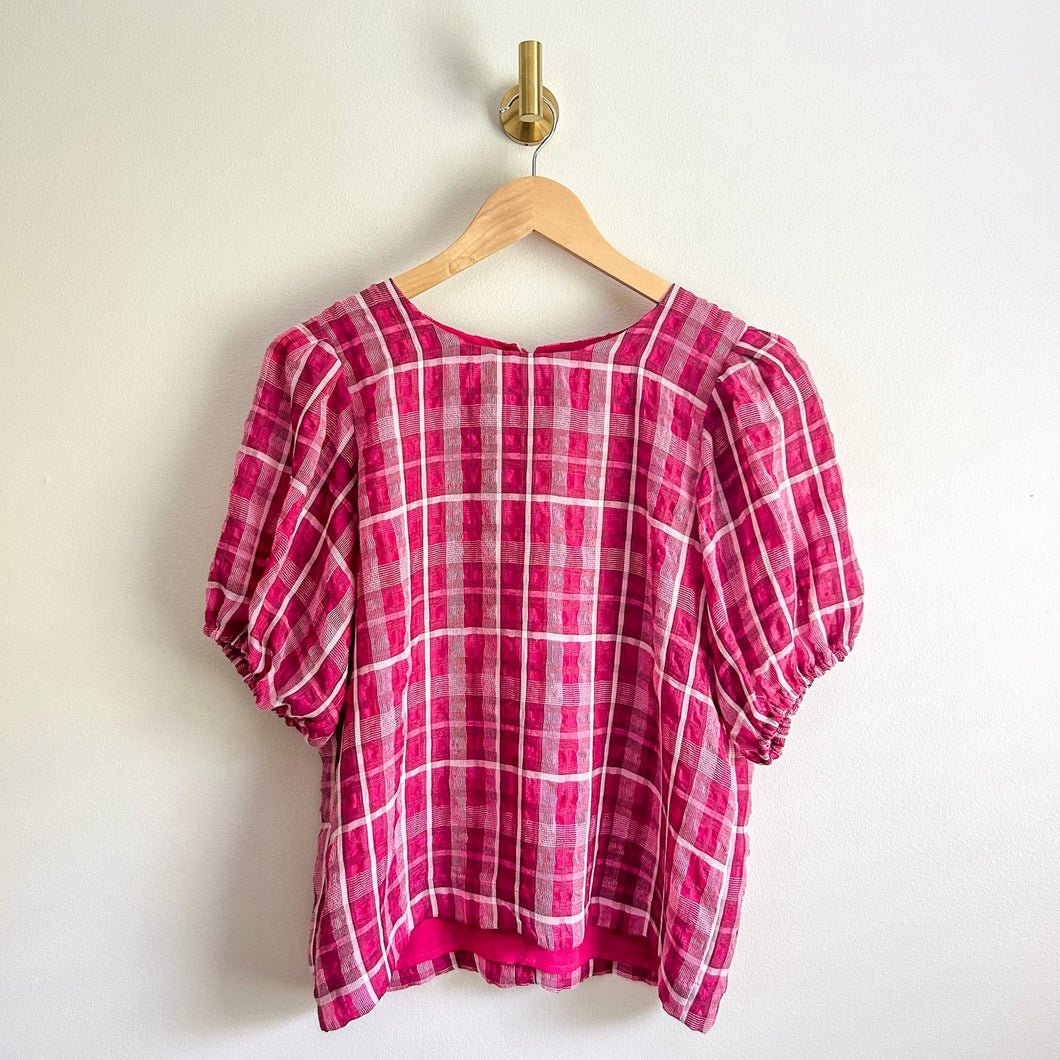 Madewell Plaid Puff-Sleeve Top Pink S