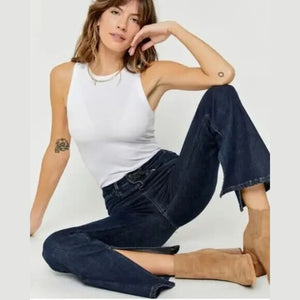 Oliver Logan Russel Denim High Waist Slit Hem Flared Jeans Blue 27