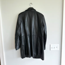 Load image into Gallery viewer, Nine West Genuine Leather Button Front Long Collared Trench Coat Black M
