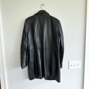 Nine West Genuine Leather Button Front Long Collared Trench Coat Black M