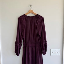 Load image into Gallery viewer, Evereve Layla Satin Pleated Ruffles Long Sleeve V-Neck Midi Dress Plum L NWT
