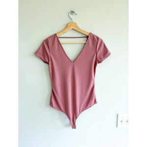 Anthropologie Little Black Bodysuit V-Neck Short Sleeve Bodysuit Rose M NWT