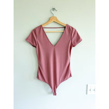 Load image into Gallery viewer, Anthropologie Little Black Bodysuit V-Neck Short Sleeve Bodysuit Rose M NWT
