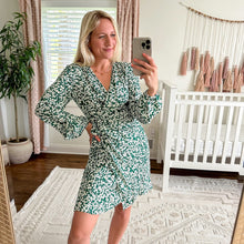 Load image into Gallery viewer, DVF West Silk Leafy Print Long Sleeve Wrap Dress Green S
