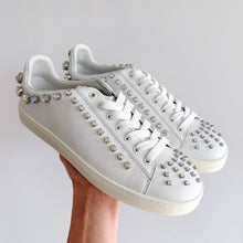 Load image into Gallery viewer, Stuart Weitzman Goldie Shine Embellished Convertible Sneakers White Silver 8
