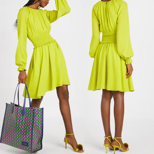 Kate Spade Smocked Silk Georgette Mini Dress Green/Yellow XL NWT