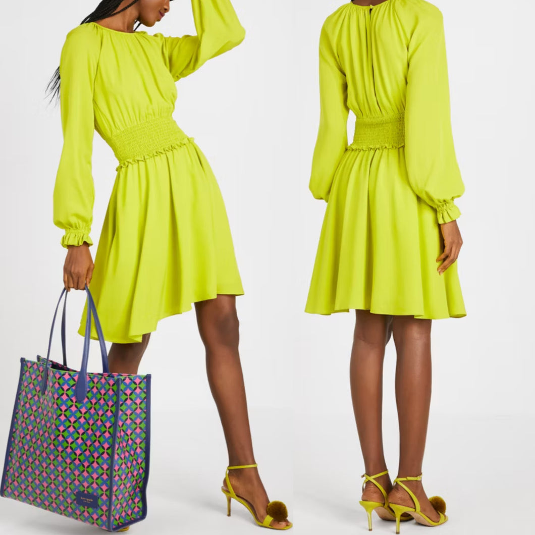 Kate Spade Smocked Silk Georgette Mini Dress Green/Yellow XL NWT