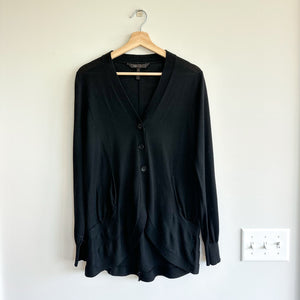 BCBGMAXAZRIA Merino Wool Round Hem Button Front V-Neck Cardigan Sweater Black S