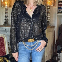 Load image into Gallery viewer, Porter Collective Sequins Townes Sheer Button Front Long Sleeve Blouse Black L
