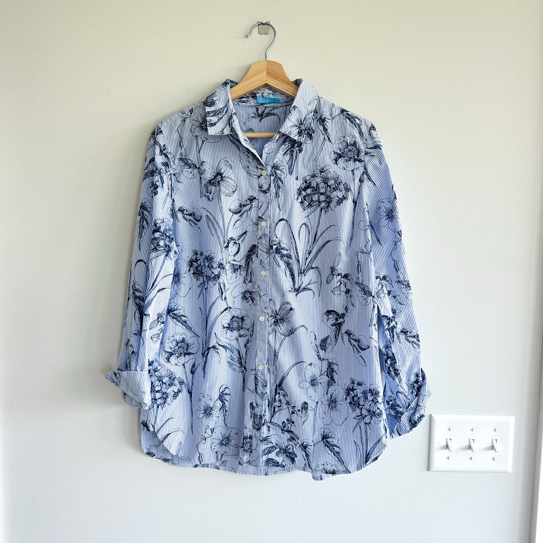 J. Mclaughlin Lois Floral Striped Button Down Shirt Blue L