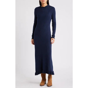 Treasure & Bond Ruffle Hem Long Sleeve Knit Sweater Dress Navy Blue S NWT