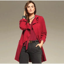 Load image into Gallery viewer, Cabi Houndstooth Ruffle Trim Mid Length Celebration Coat Red L
