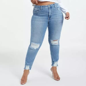 NWT Good American Good Classic High Rise Ripped Straight Jeans Blue 14