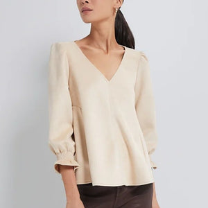 Tuckernuck Bone Suede Easton V-Neck Ruffles 3/4 Sleeve Blouse Cream S