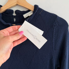 Load image into Gallery viewer, Treasure &amp; Bond Ruffle Hem Long Sleeve Knit Sweater Dress Navy Blue S NWT
