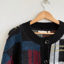 Load image into Gallery viewer, RD Style Plaid Pattern Crew Neck Knit Button Front Cardigan Black Blue M
