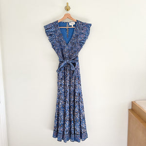 Cleobella Autumn Paisley Print Flutter Sleeve Smocked Midi Dress Blue L